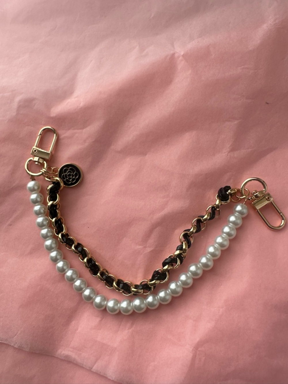 Gold & Black  Chain and Pearl Strap with Logo Charm